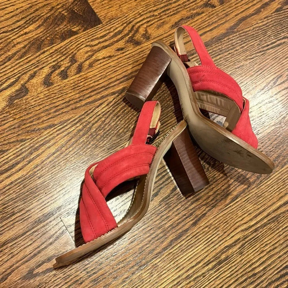 J. Crew Marcie red suede stitched accent strappy stacked block heel. Size 9 1/2. - Picture 4 of 7